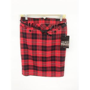 Womens Tracy Evans Ltd Red Plaid Pleated Mini Skirt with Black Belt Size 1 NWT